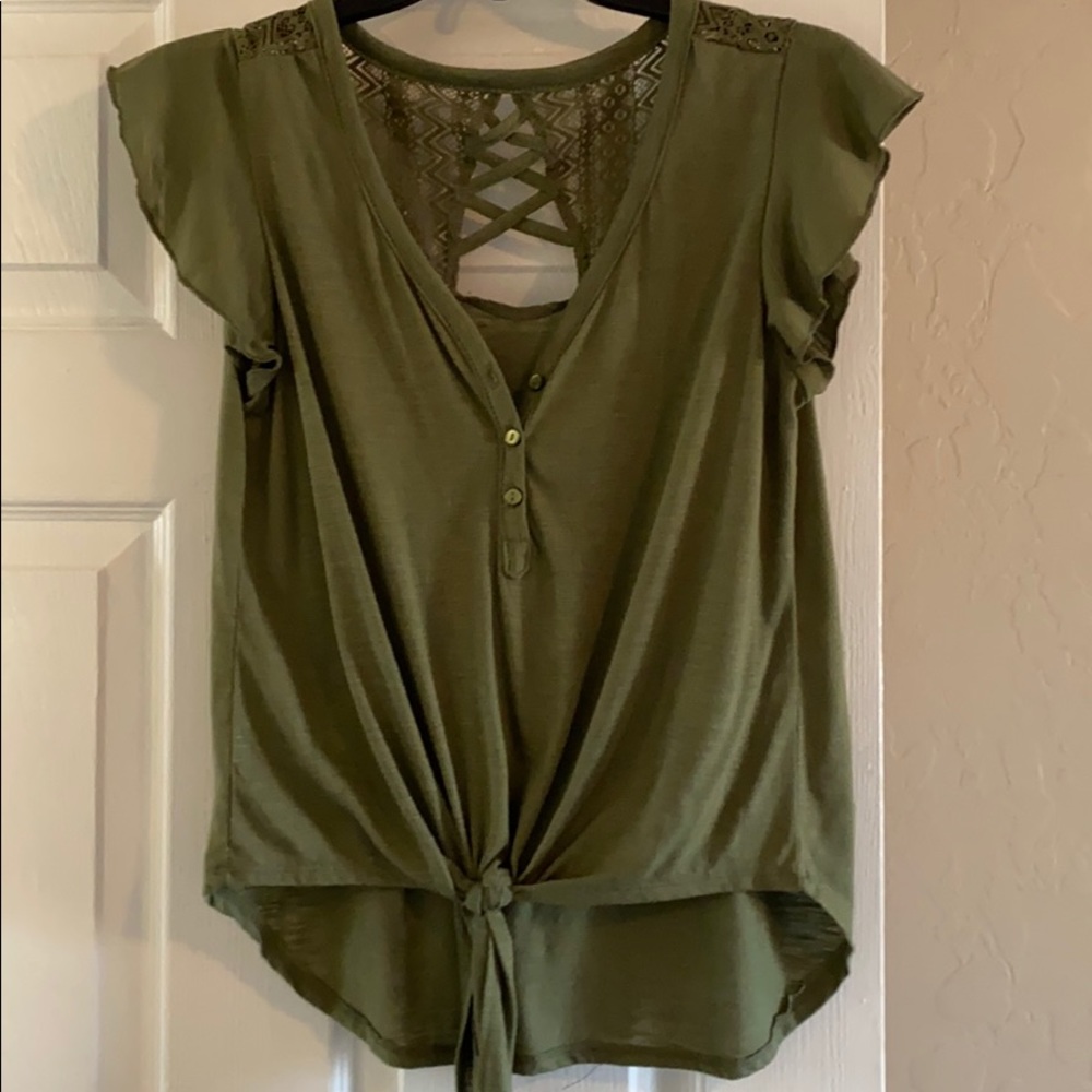 Olive green flutter short sleeve blouse